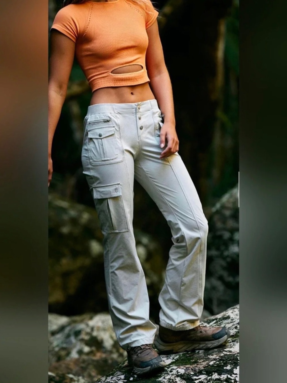 Free People Cargo Flare Pants Taupe Utility Low Rise Button Fly Size S